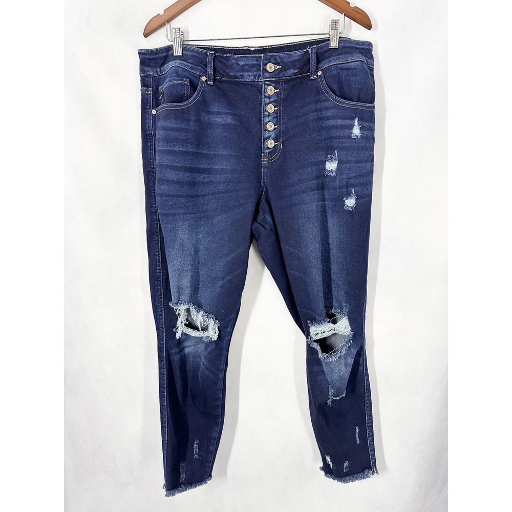 KanCan X Maurices Curvy Distressed Dark Wash Skinny Jeans Women's Plus Size 16